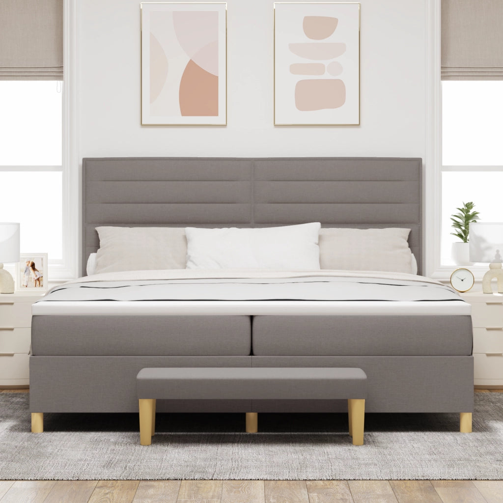 Letto Box Spring con Materasso e Panchina Tortora 200x200 cm Tessuto