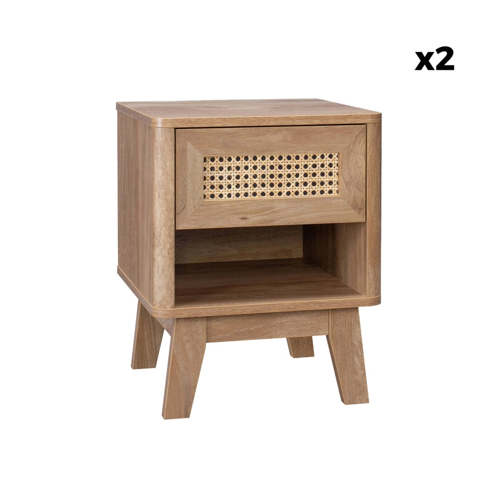 Set 2 comodini con decorazione in legno e canna da zucchero, marrone