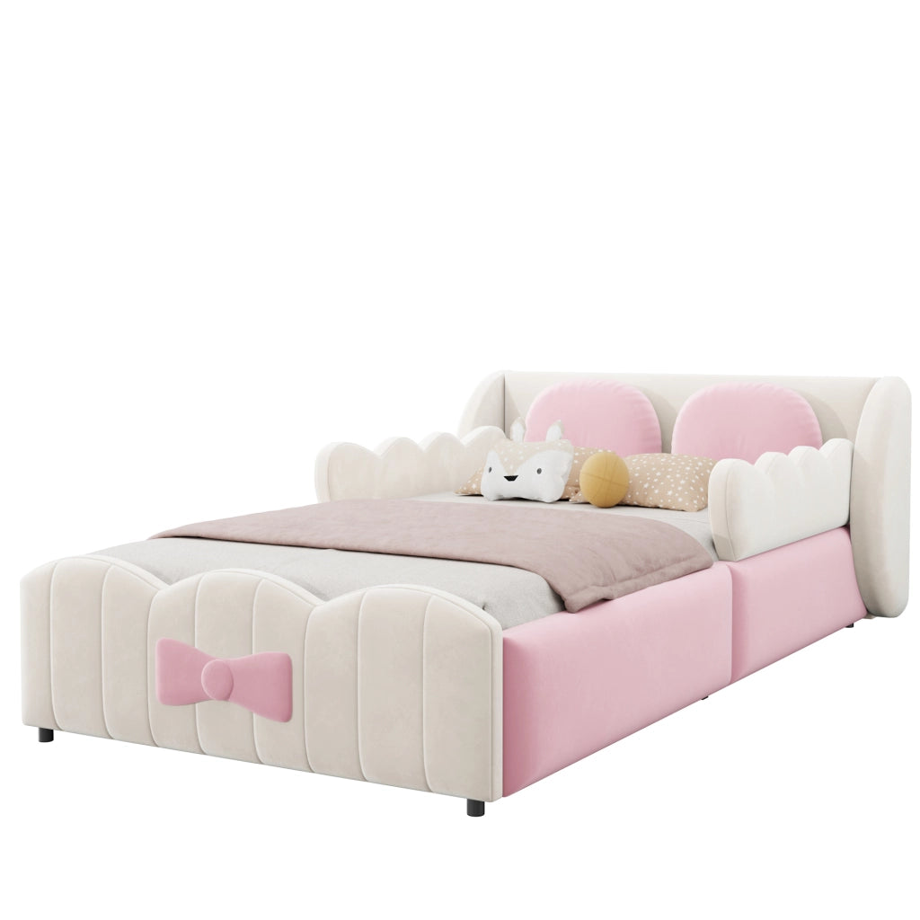 Letto singolo per bambini 90 ¡Á 200 cm imbottito con vano contenitore idraulico in velluto beige e cuscini