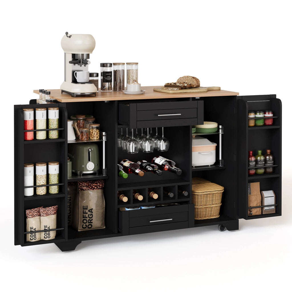 Isola da Cucina Mobile 138x45/70x92 cm Nera con Piano Ribaltabile; Portabottiglie; Portabicchieri e 5 Ruote