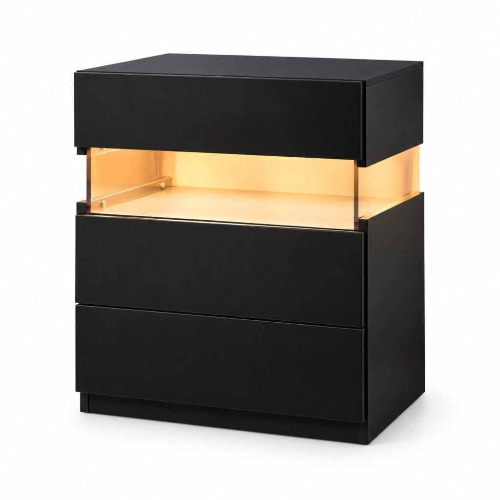Comodino LED nero con 3 cassetti e pannello acrilico