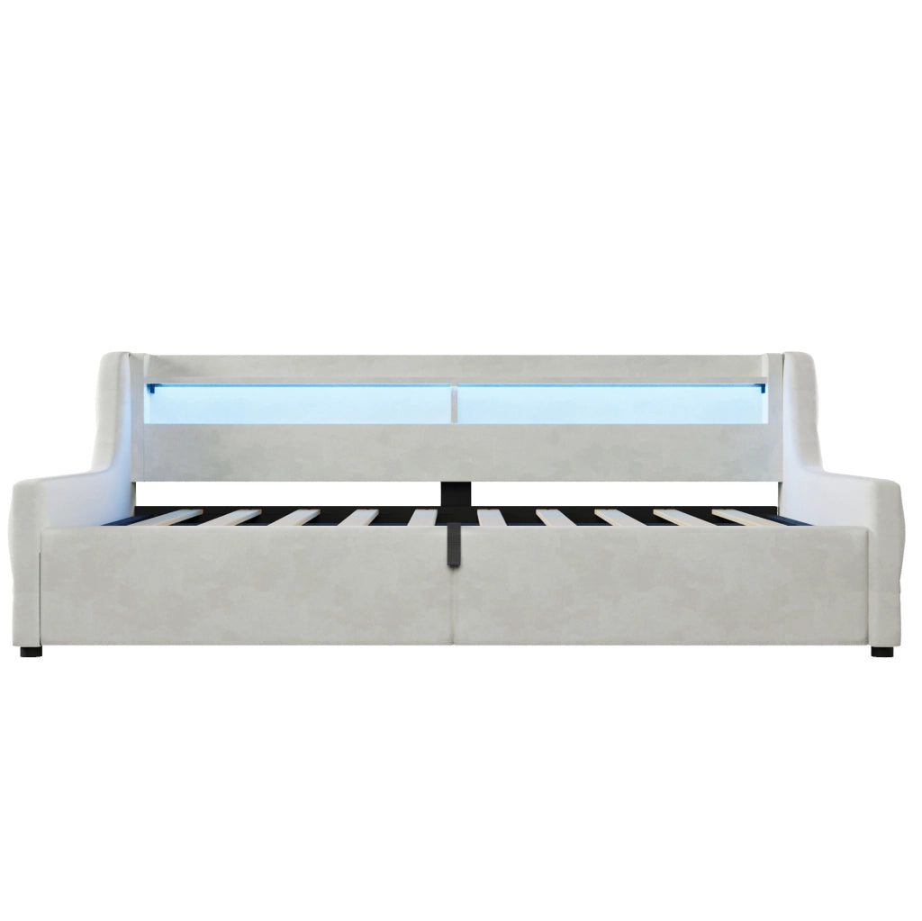 Letto singolo imbottito 90x200 cm in flanella; con LED e contenitore; bianco crema