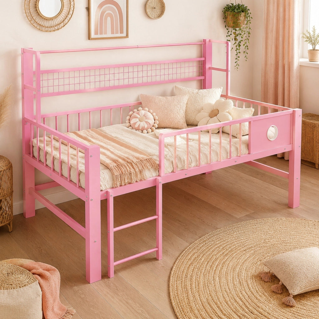 Letto a soppalco basso per bambini 90x200 cm in metallo; rosa