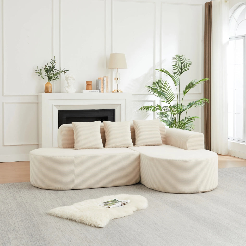 Divano angolare con chaise longue curva; in velluto a coste; beige 220 × 155 × 70 cm
