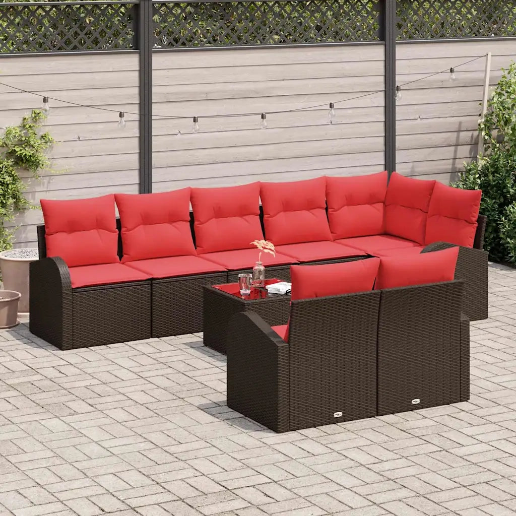 Set Divano da Giardino 9 pcs Marrone e Rosso polyrattan