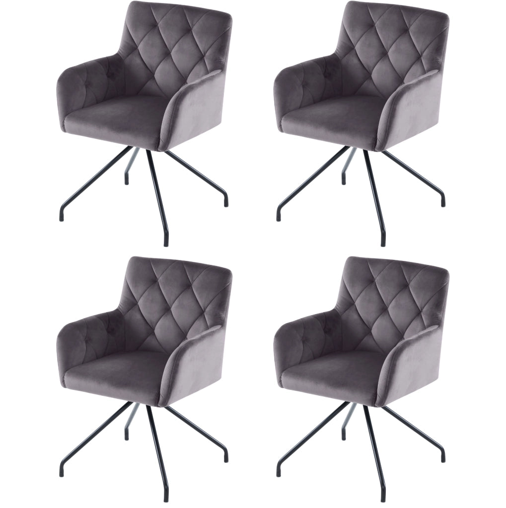 Set di 4 sedie da pranzo in velluto; con braccioli e gambe in metallo; grigio scuro