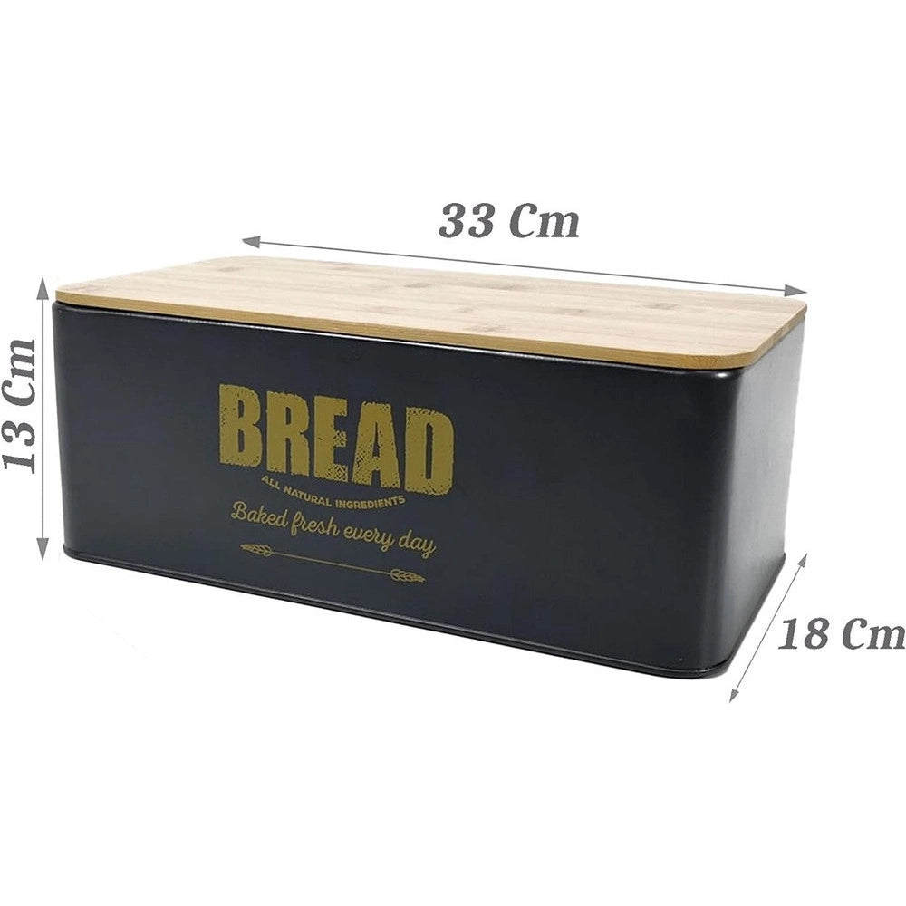 Trade Shop - Contenitore Portapane Vintage Nero Coperchio Tagliere In Legno Latta Alimenti -