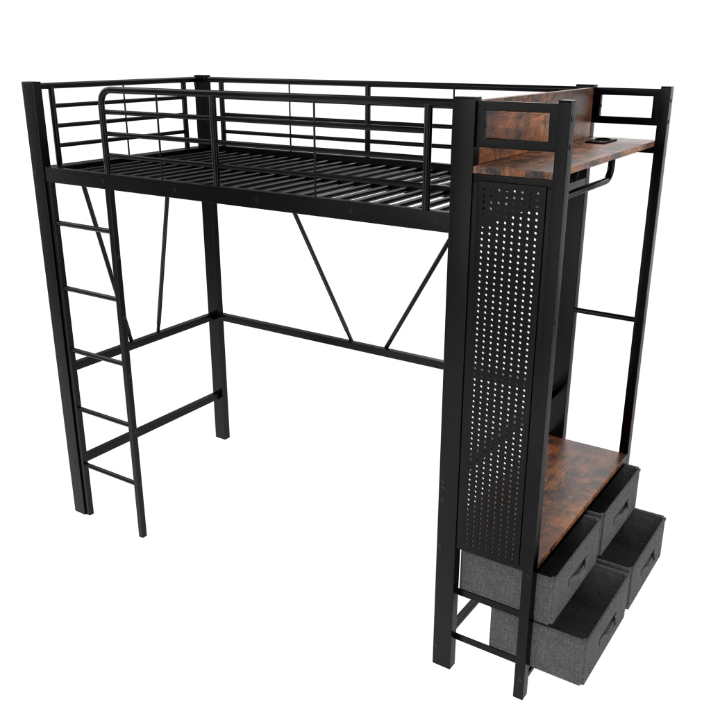 Letto a soppalco 90x200 cm in metallo e MDF; nero; con contenitori e LED