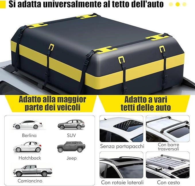 Borsa da Tetto Auto Impermeabile, Box da Tetto per Bagagli per Tutti i Veicoli Con/Senza Portapacchi, con Tappetino Antiscivolo, 10 Cinghie e 6 Ganci (Modello 1)