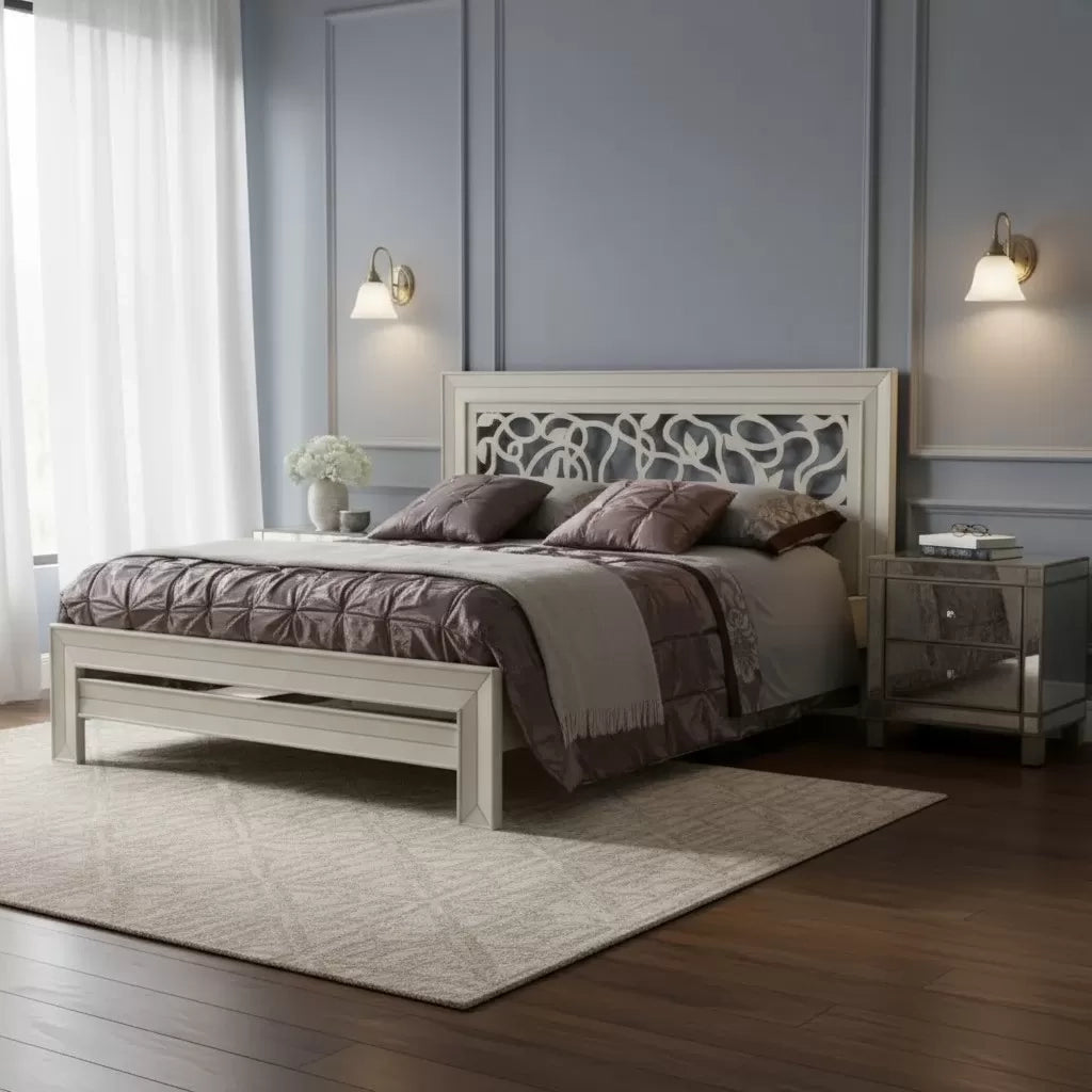 Letto arte povera traforato legno shabby bianco anticato 183x210x117 - Mobili 2G