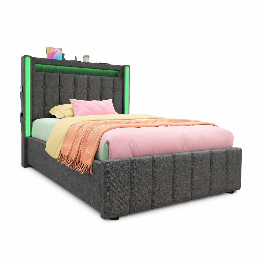 Letto contenitore 90x200 cm in lino grigio, USB Type-C, LED, senza materasso