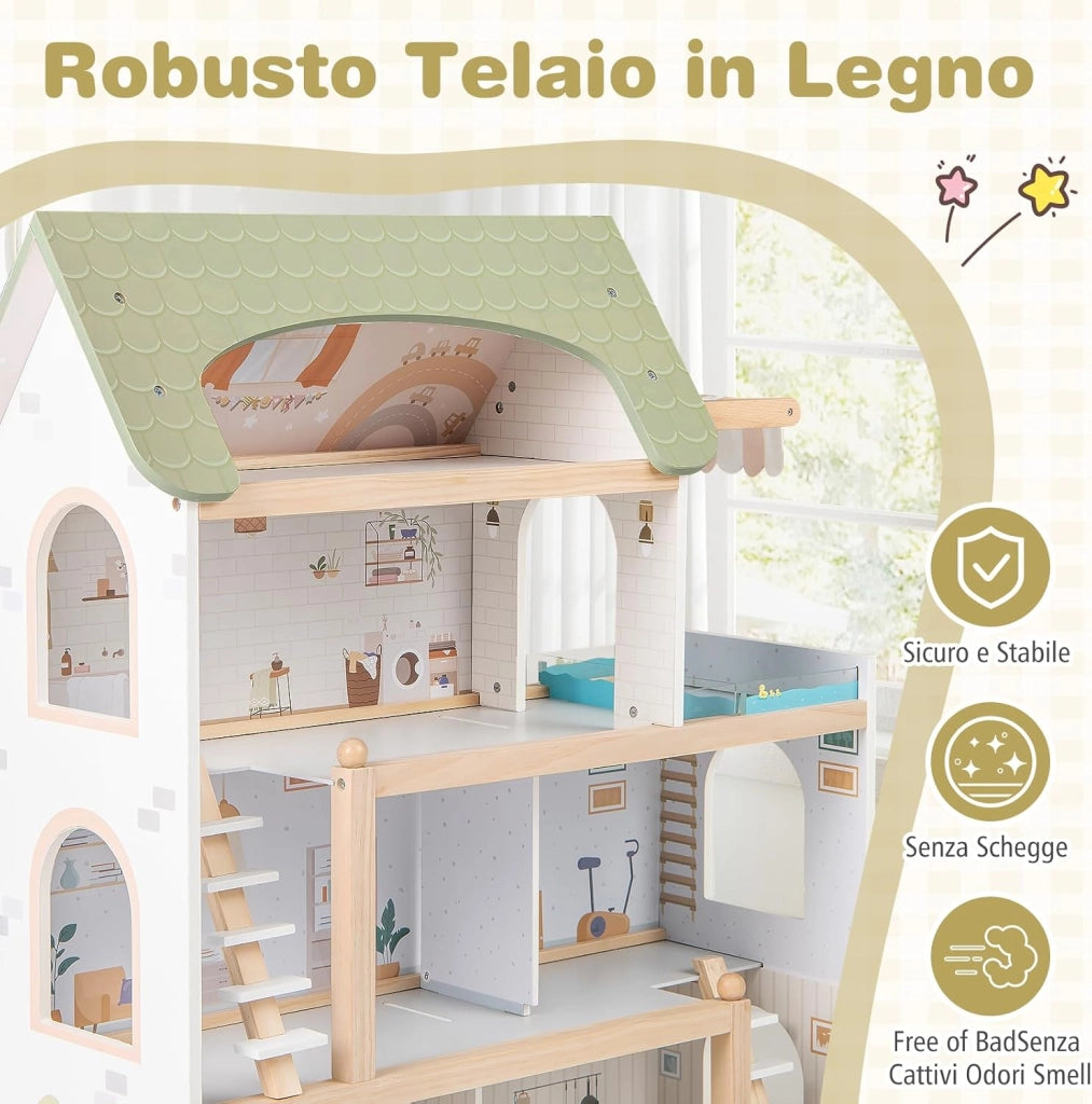Casa delle Bambole in Legno, Casa Bambole con 4 Piani, 6 Stanze, Terrazza, Piscina e Scale, Casetta Giocattolo Educativo con 33 Mobili Accessori, per Bambini 3+ Anni, 63 x 25 x 78 cm (Verde)
