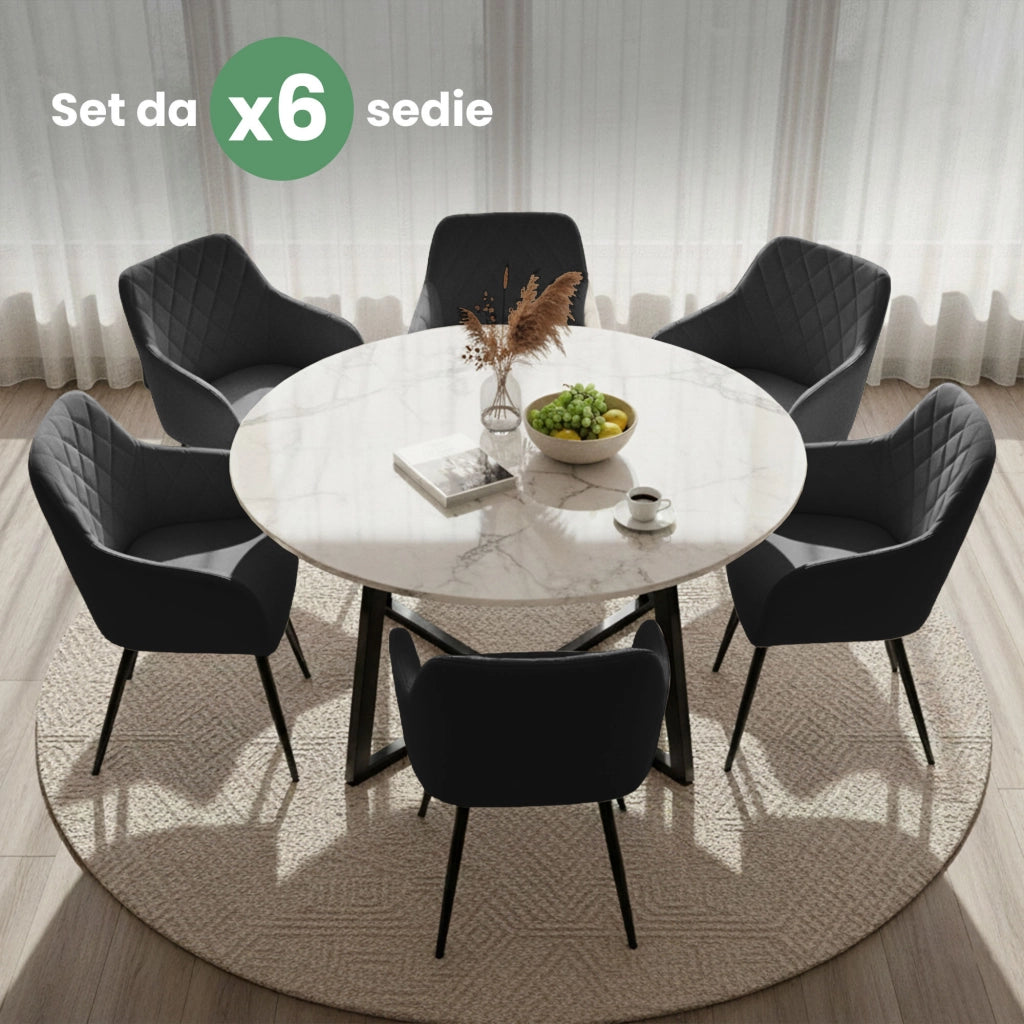 Set di 6 Sedie in velluto con cuciture a rombi VELTO Nero gambe nere