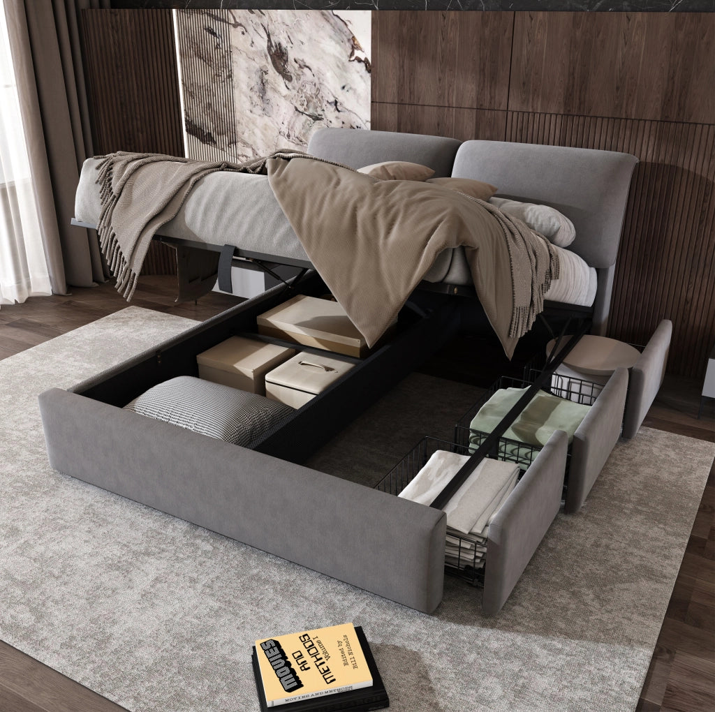 Letto matrimoniale 140x200 cm in velluto grigio con contenitore; 3 cassetti e testiera regolabile