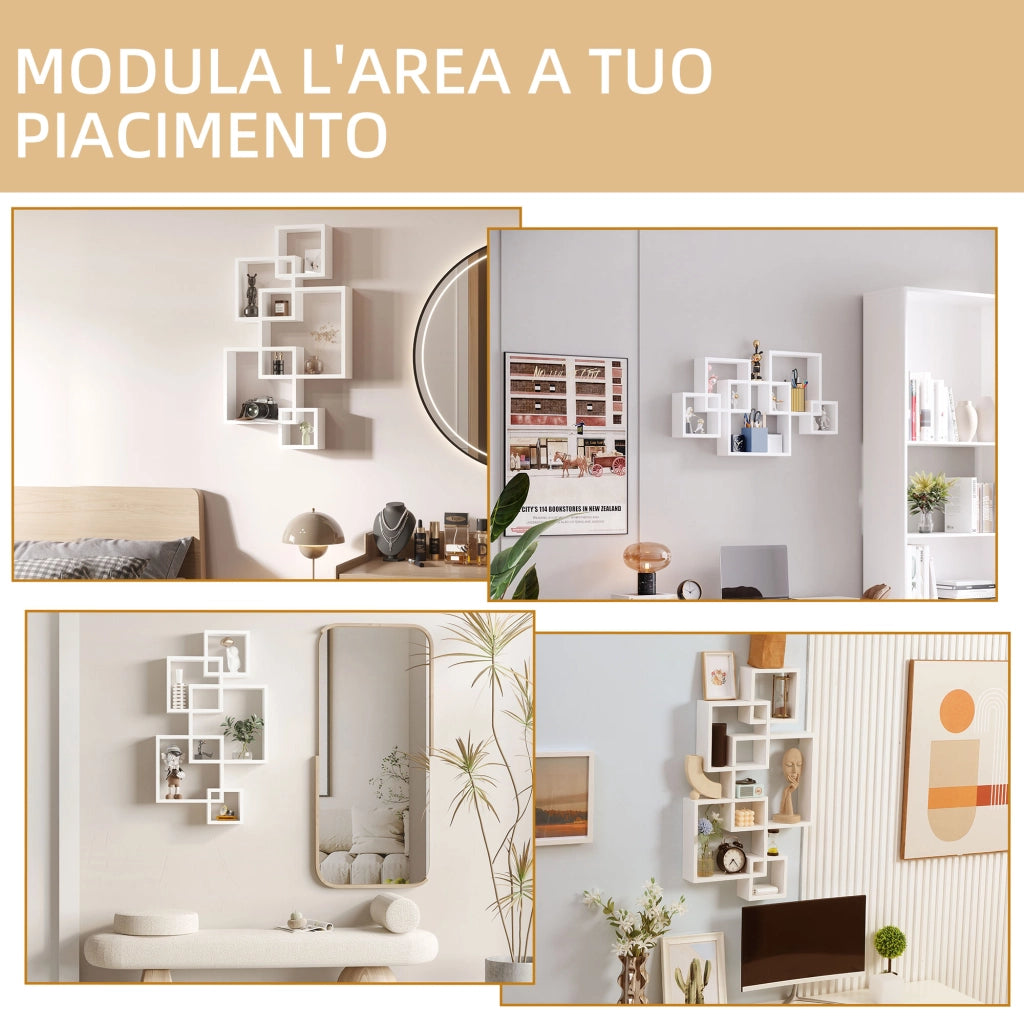 Libreria Moderna Sospesa con 5 Cubi Intrecciati in Legno, 49.5x10.2x86cm, Bianco