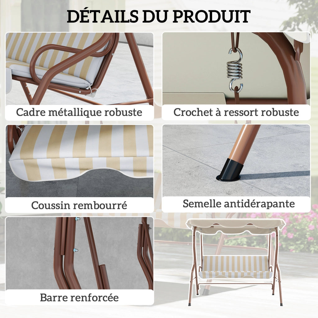 Balancelle 3 Posti con Cuscini ¨C zephmum ¨C Marrone e Crema Ray¨¦, Polyrattan, 180x80x120 cm
