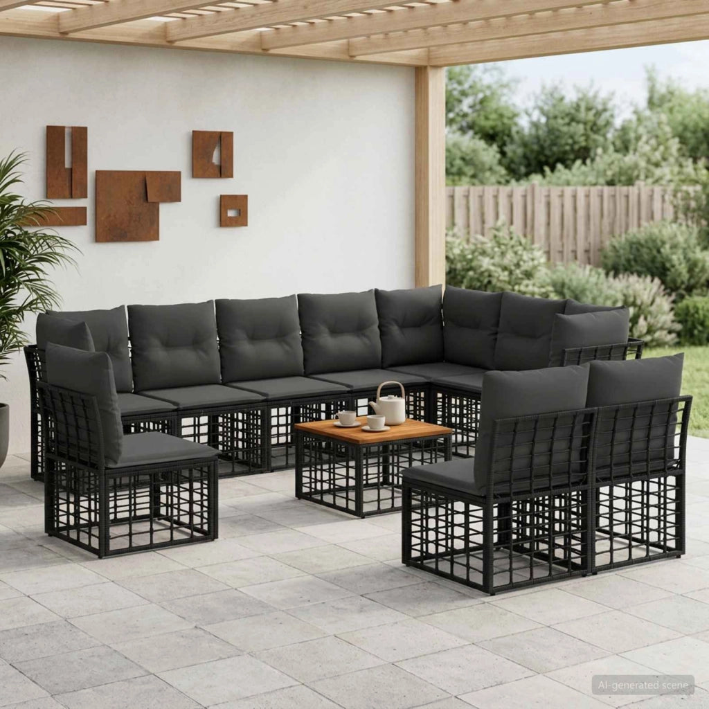 Set di divani da esterno 11 pz Nero e Grigio scuro Poliestere 3437493