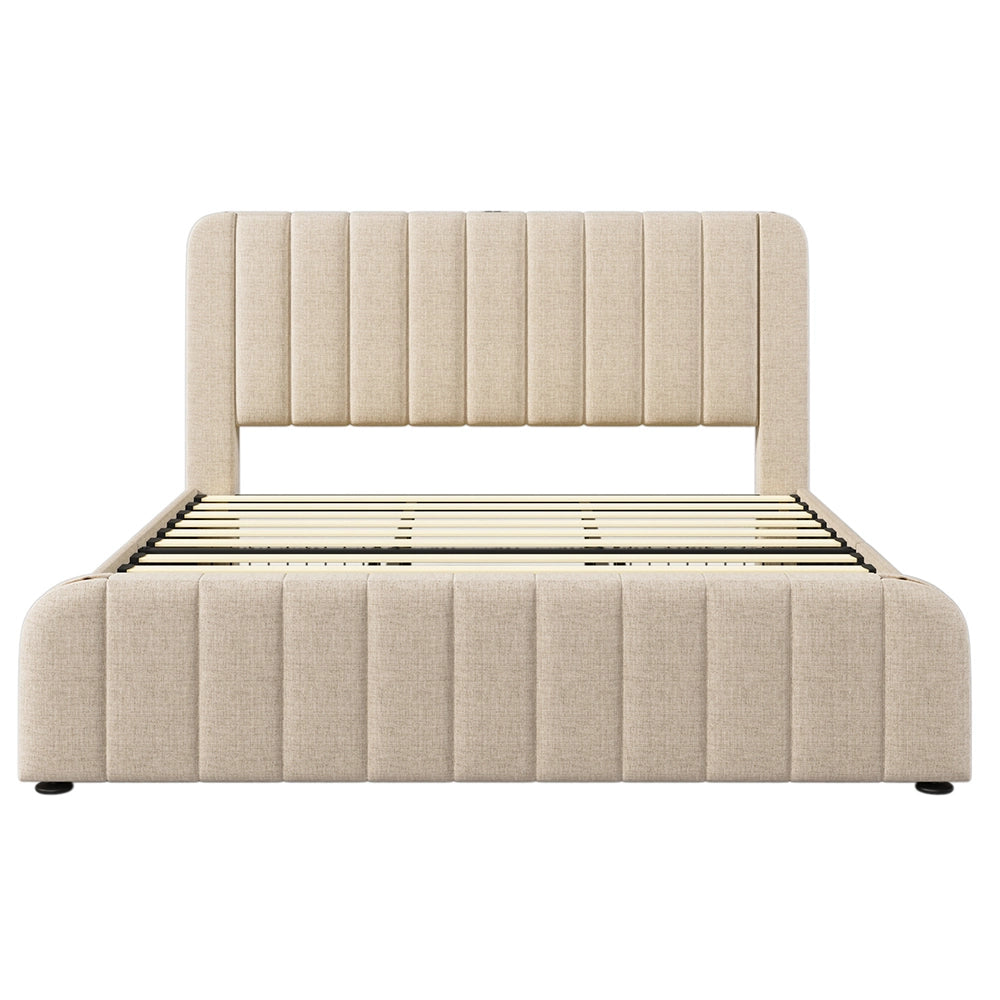 Letto imbottito con 4 cassetti - Xylo - 180x200 cm - Beige - Testiera imbottita doppia, funzione di ricarica USB-C
