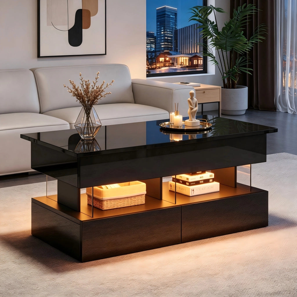 Tavolino basso sollevabile con 2 cassetti, vano contenitore e LED, in MDF, per soggiorno, nero, 100 × 50 × 46 cm