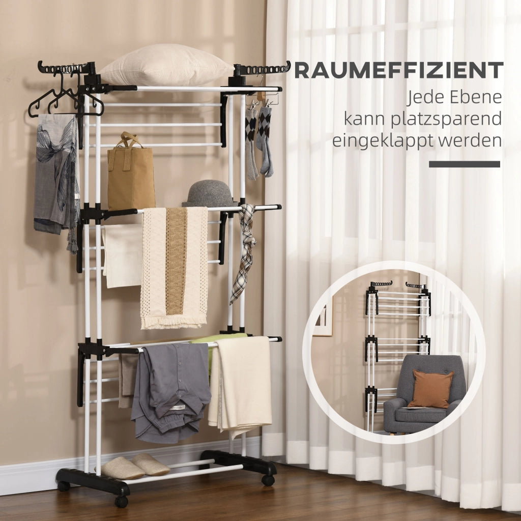 Stendibiancheria 4 Livelli Pieghevole con Rotelle ¨C Zephmum ¨C Nero Metallo 73x64x177 cm