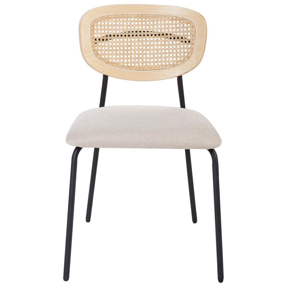 Set di 2 sedie da pranzo Rivestimento in poliestere beige chiaro Schienale in rattan naturale a treccia viennese Gambe in metallo nero Sgabelli senza braccioli