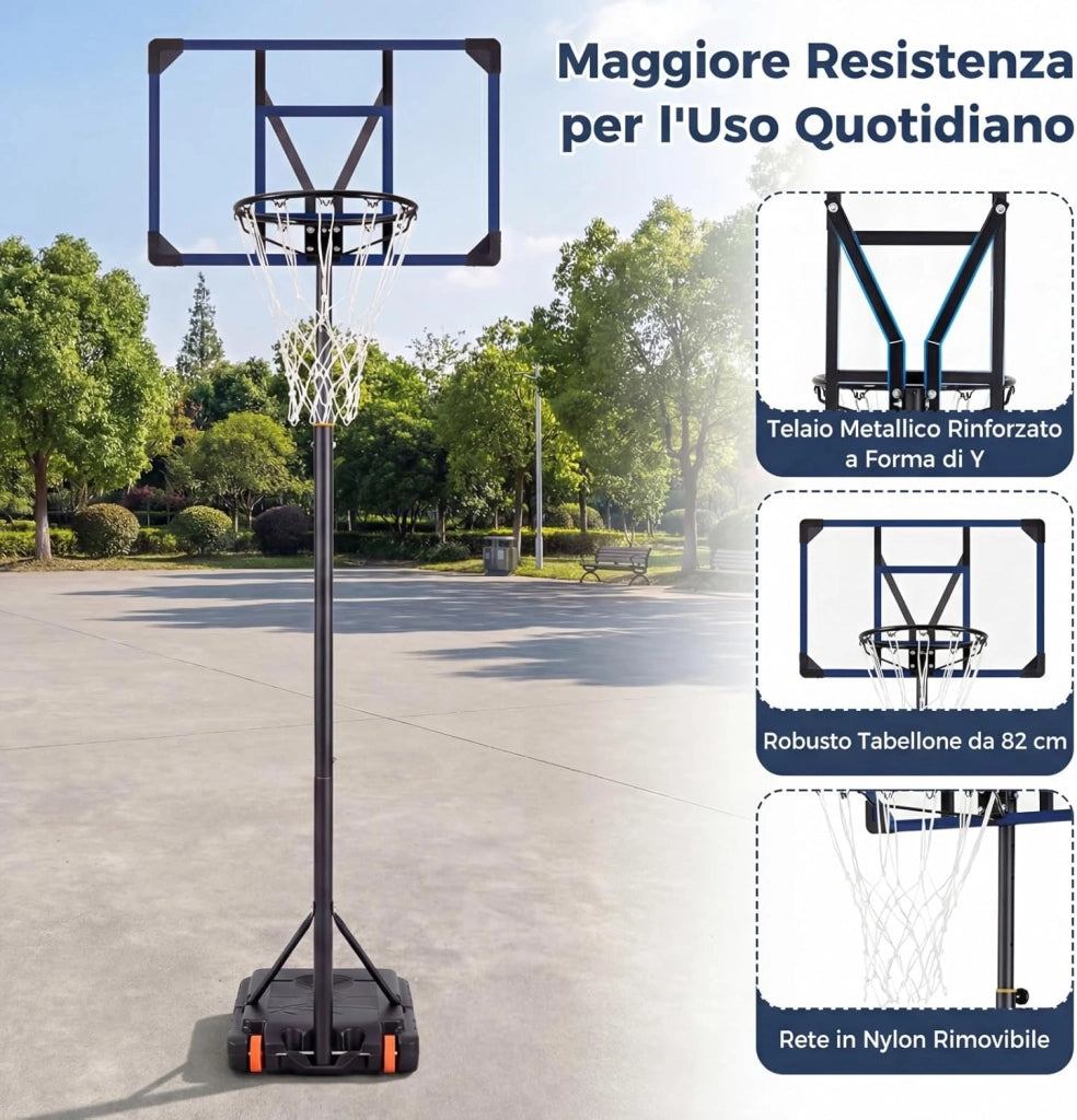 Canestro da Basket da Esterno, Canestro da Basket per Bambini con Altezza Regolabile 206-273,5 cm, Tabellone 82 cm e Base Riempiibile con Ruote, Sistema di Basket Portatile da Interno
