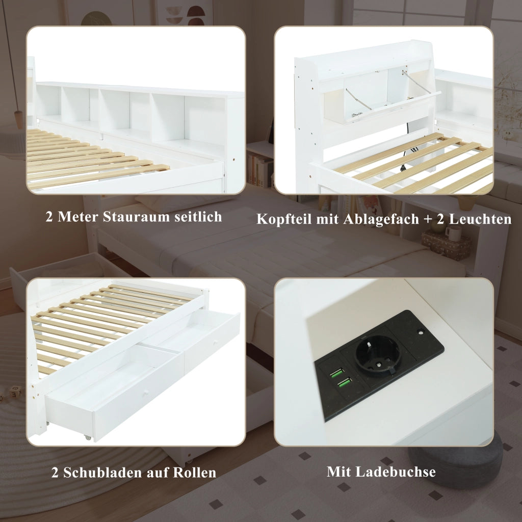 OKWISH Letto Singolo 90×200 cm con Contenitore, Presa di Ricarica, 2 Luci e Cassetti, senza Materasso, in Legno e MDF, Bianco