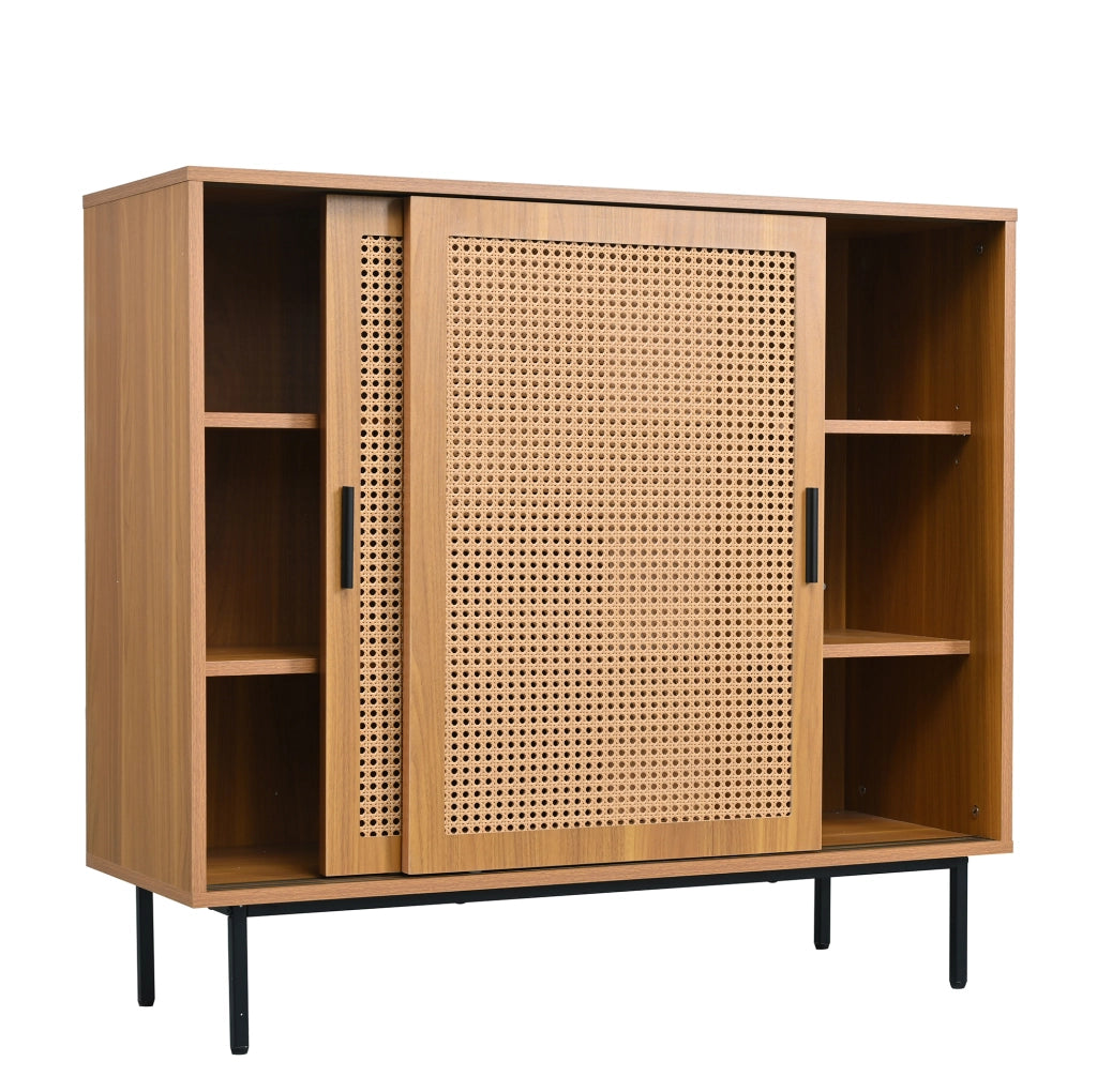 Credenza 100x37x90 cm con 2 ante scorrevoli in rattan; pannello truciolare noce