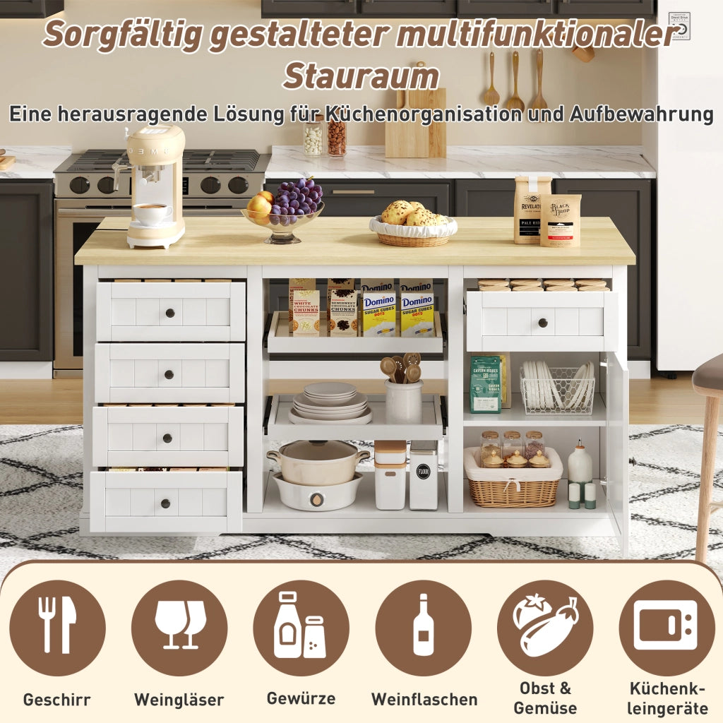 ISOLA DA CUCINA 150x65x75,5 cm Bianca/Naturale in MDF con 5 cassetti