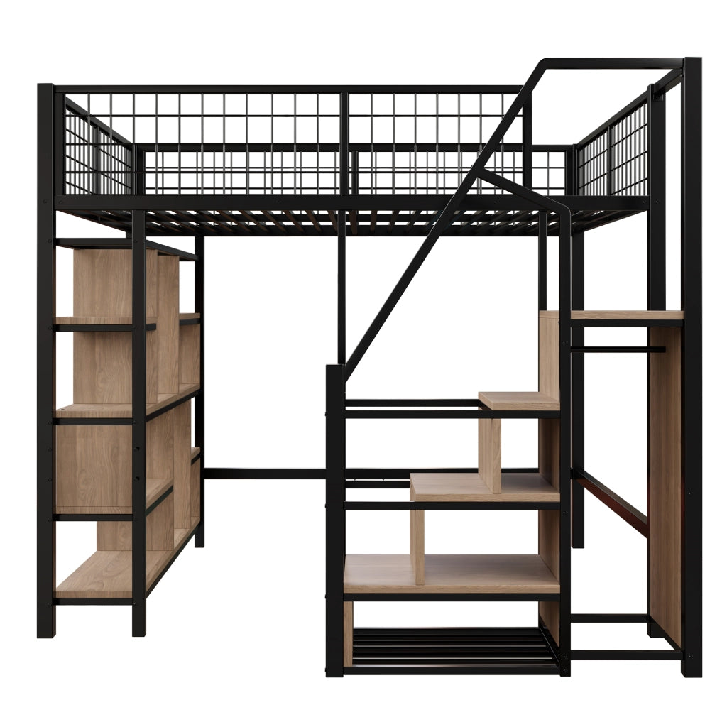 OKWISH Letto a Soppalco 140×200 cm, Letto Matrimoniale con Scala Contenitore, Ripiani e Vani, senza Materasso, Metallo e Legno, Nero