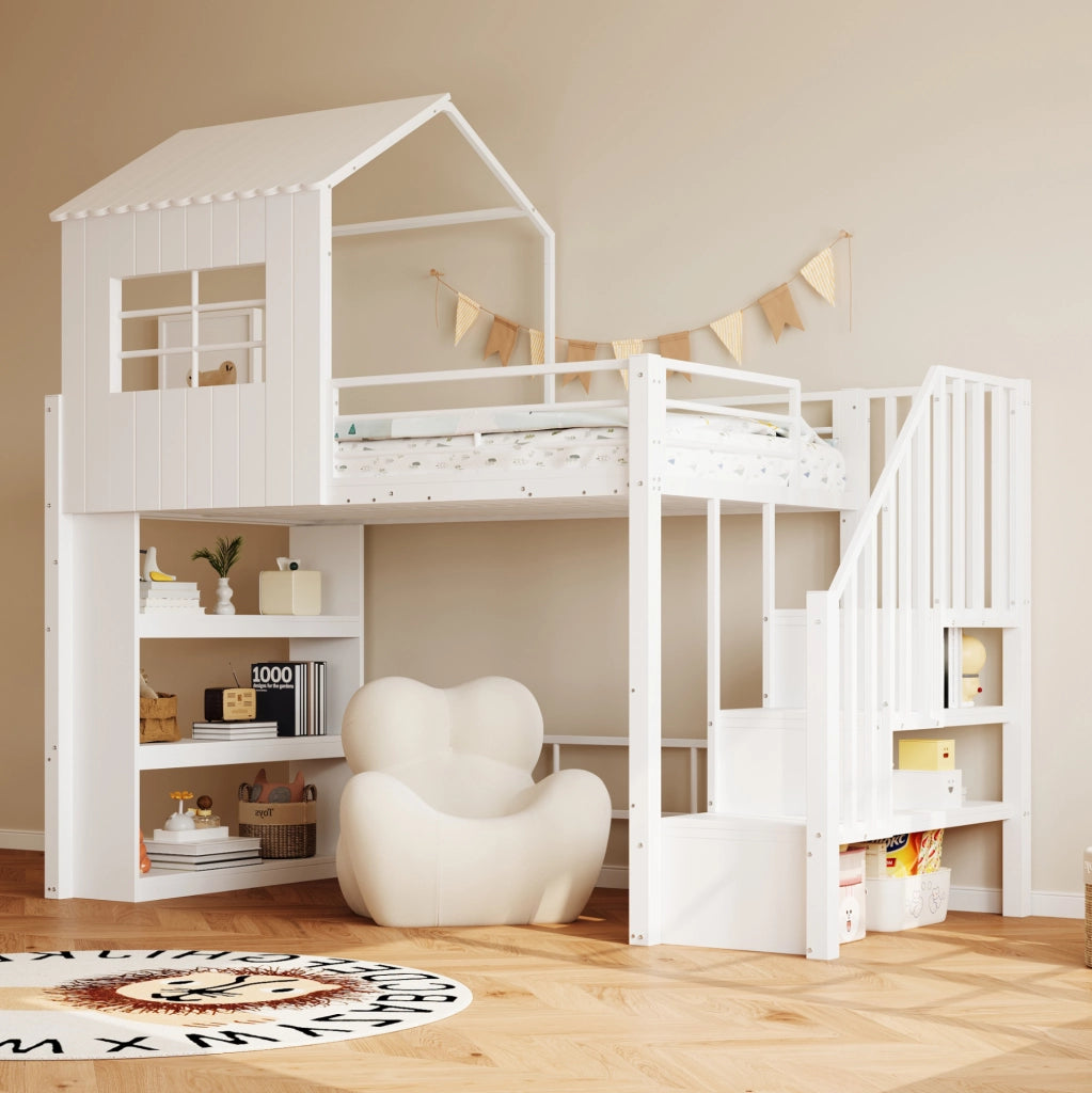 Letto a soppalco multifunzione 90x200 cm con scala contenitore; ripiani integrati; bianco