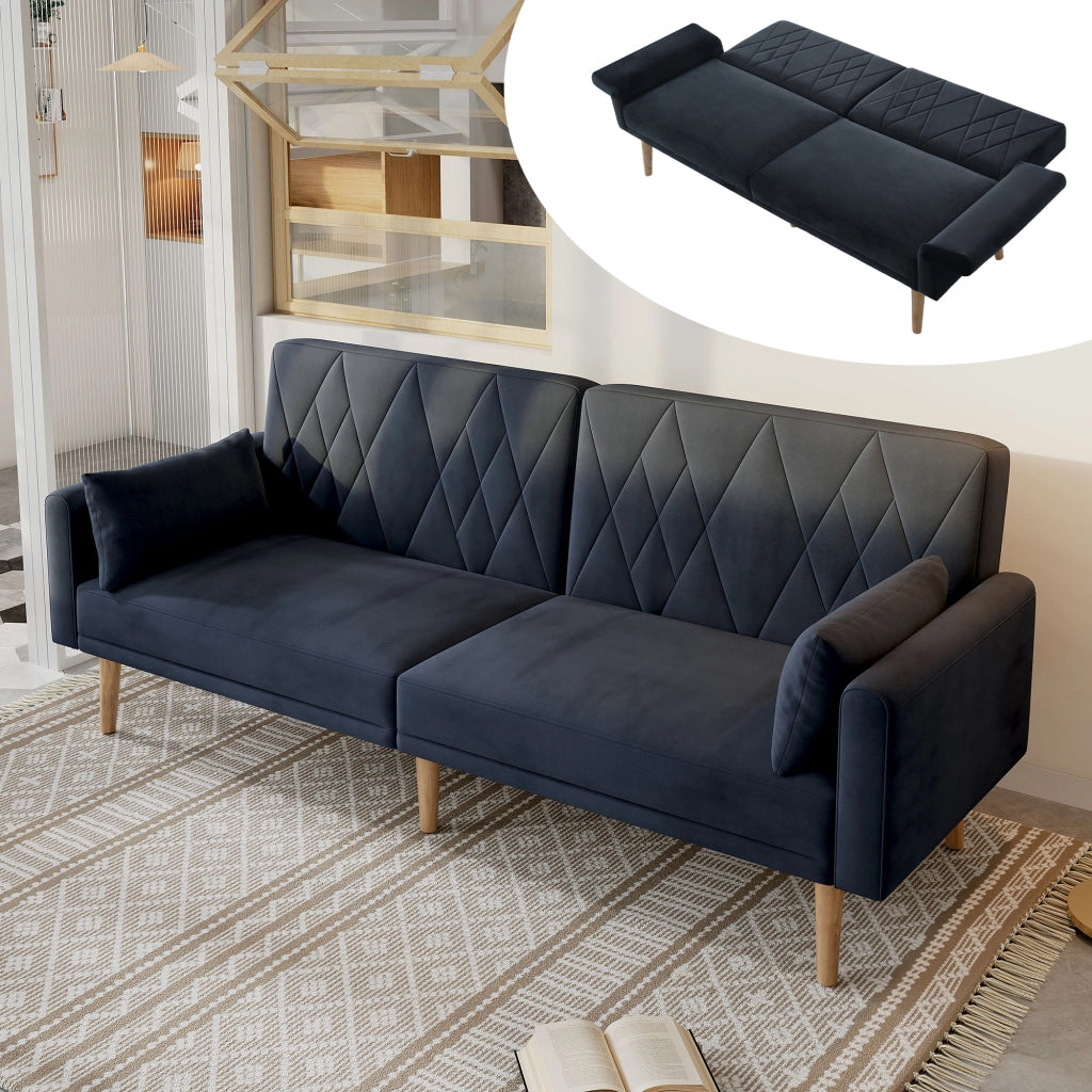 Divano Letto 2 Posti con Schienale Regolabile e Braccioli Regolabili in Velluto Nero 180 × 75 × 82 cm