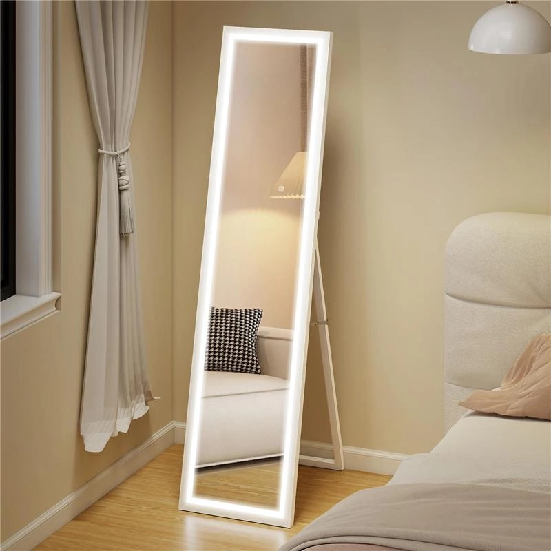 SPECCHIO ILLUMINATO CON LUCI LED REGOLABILI E PULSANTE TOUCH, IN VETRO E MDF, 40X5X160 CM, BIANCO