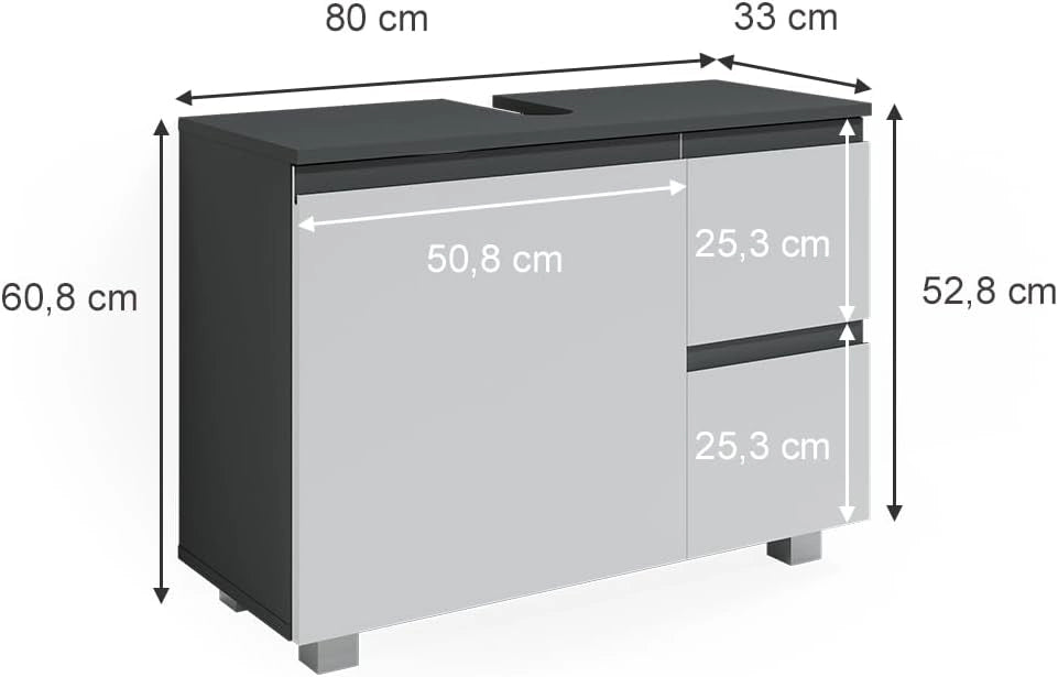 Mobile sottolavabo per bagno J-Shape, Antracite/bianco, 80 x 60.8 cm, con intaglio per sifone per l’installazione sotto il lavandino