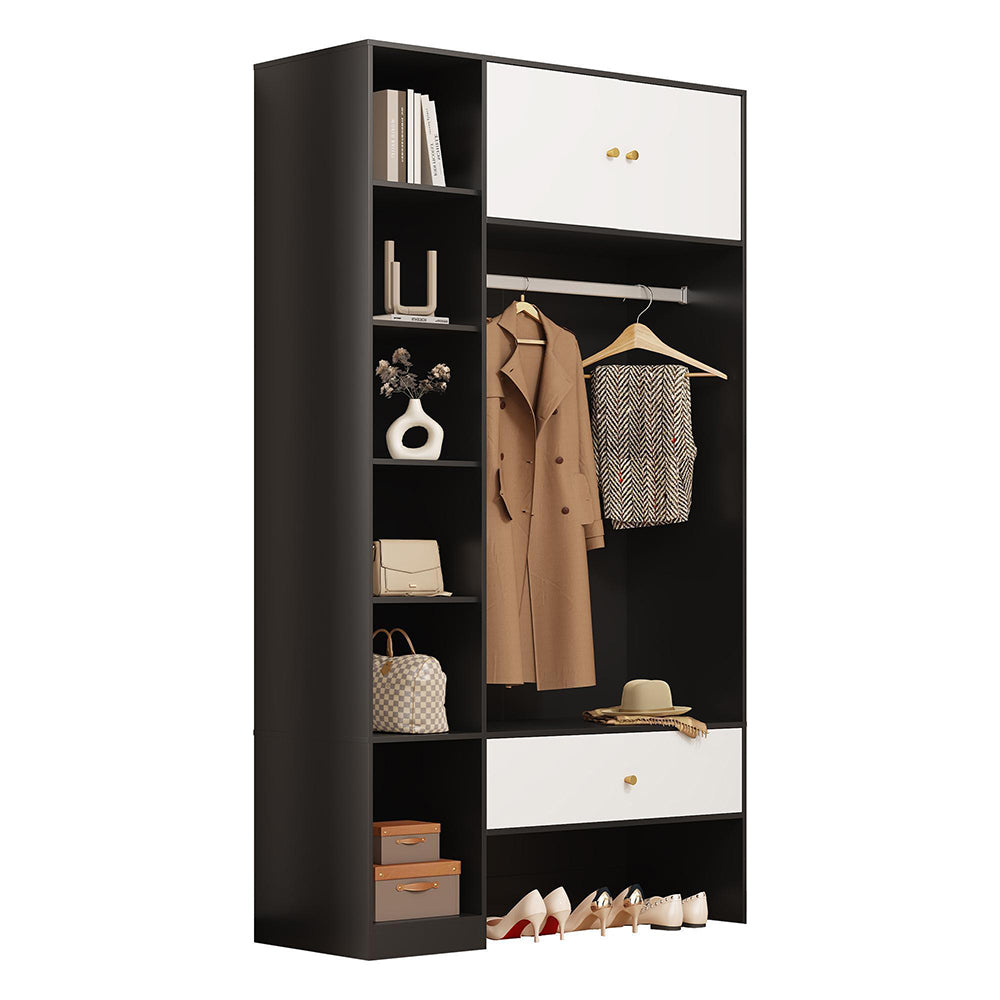 Armadio per ingresso compatto - Xylo - 105x185x40 cm - Bianco e nero - 2 ante, 6 scomparti, appendiabiti, cassetto