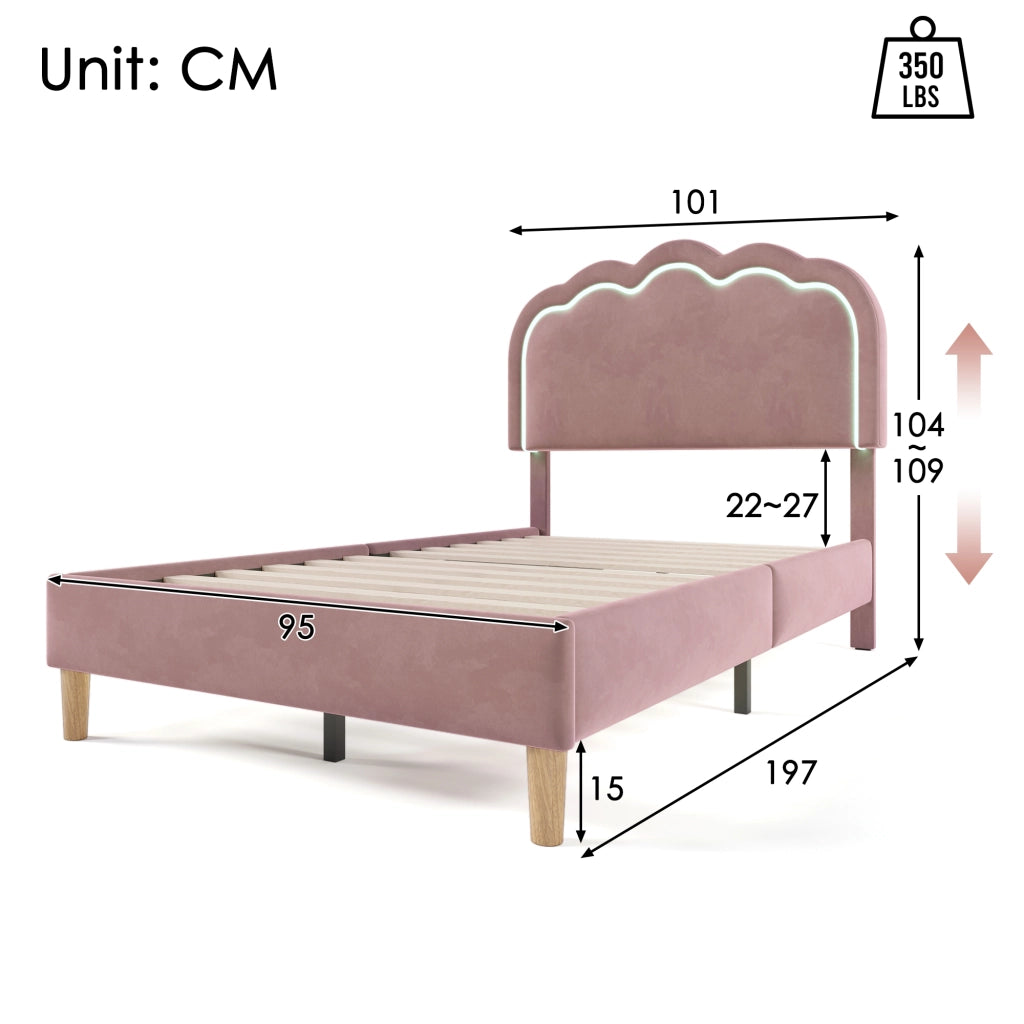 LETTO LED 90x190 cm in velluto rosa con testiera regolabile