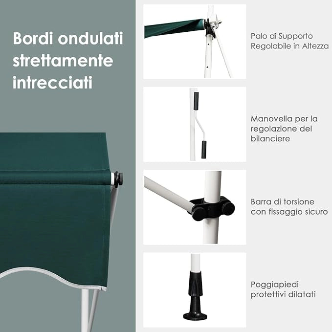 Tenda da Sole per Esterno, Tenda da Sole a Morsetto per Balcone con Struttura Telescopica e Tessuto Resistene ai Raggi Solari, Regolabile in Altezza e in Angolazione (150 cm,Verde)