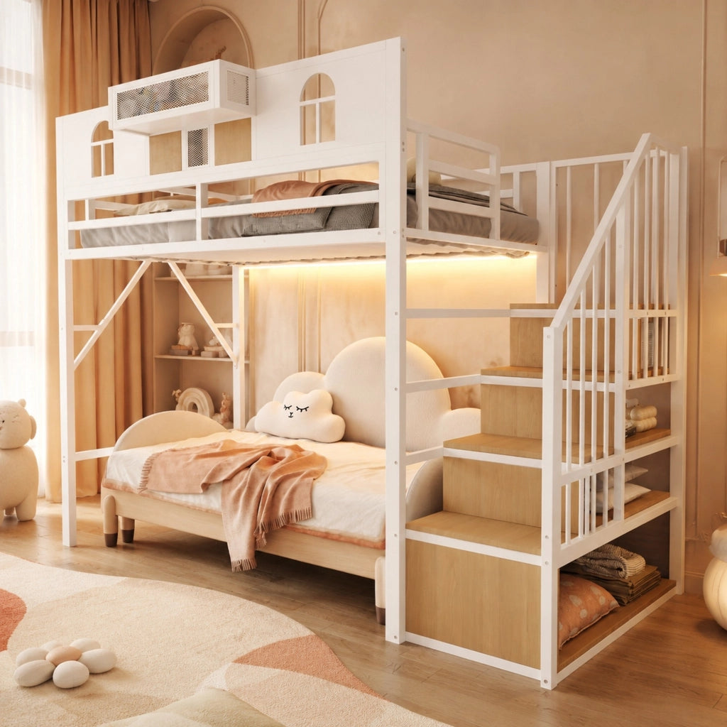Letto a soppalco in metallo 90 x 200 cm con scala contenitore e barra luminosa; bianco