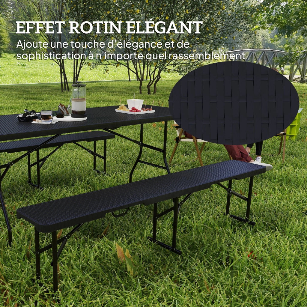 Tavolo da pranzo pieghevole con panche ¨C Minimal ¨C nero effetto rotin 180 cm