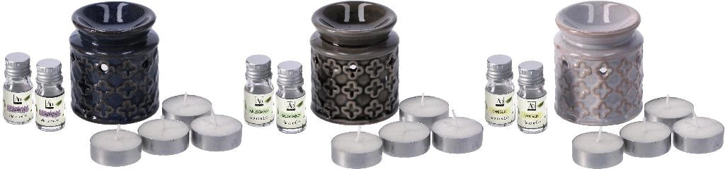 Set 1 Pezzo Bruciaessenze con 4 Tea Light e 2 Olio Profumato 5 ml 3 Colori