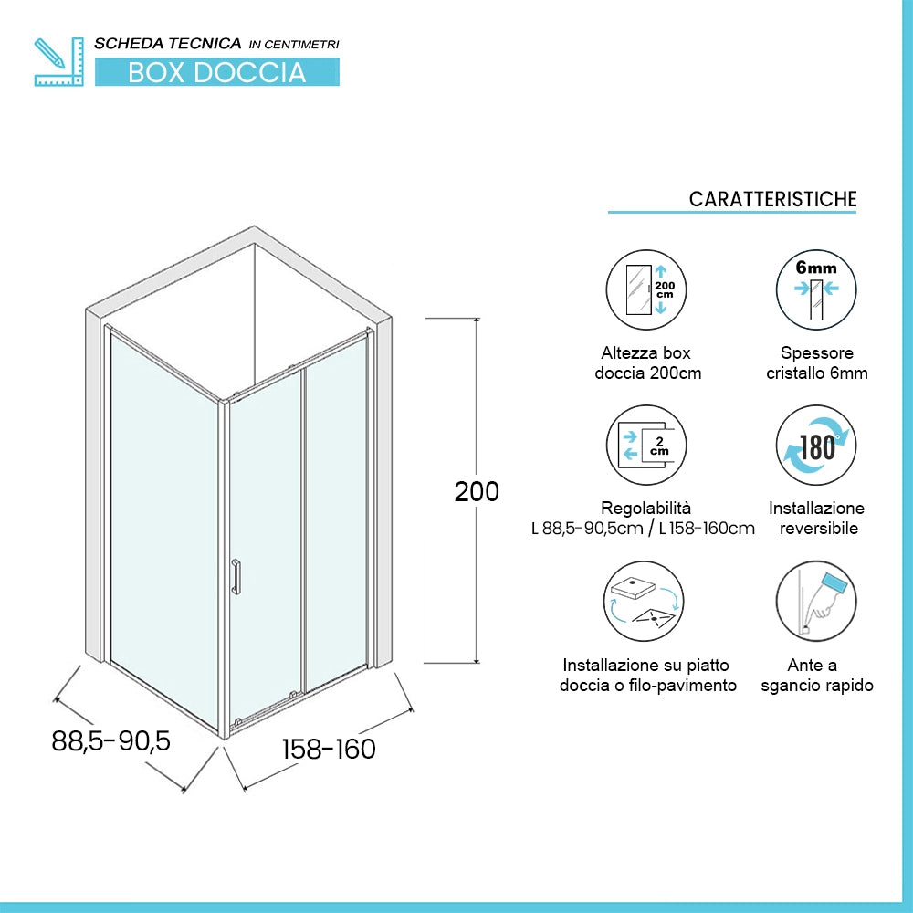 Box doccia angolare 90x160 con porta scorrevole in vetro trasparente Ted