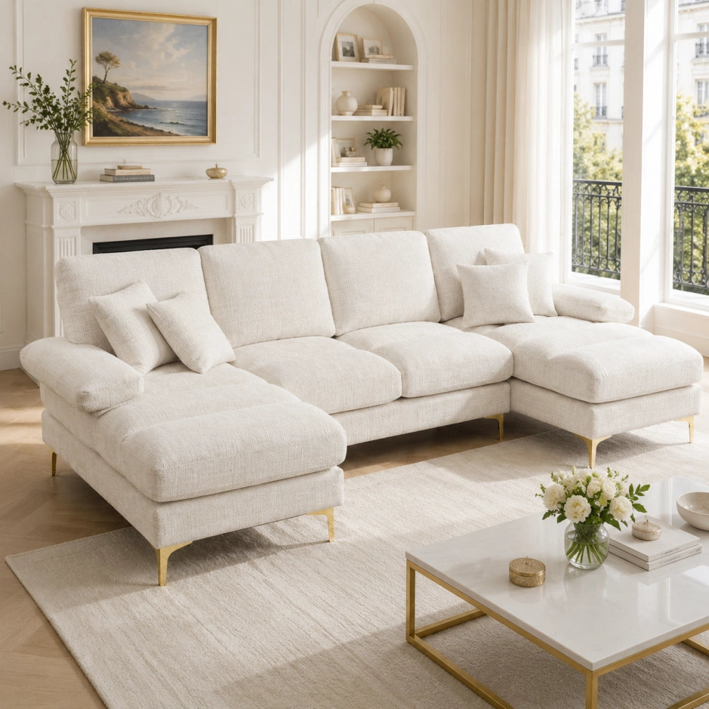Divano modulare a U in chenille beige con doppia chaise longue, struttura in legno e piedi in metallo dorato