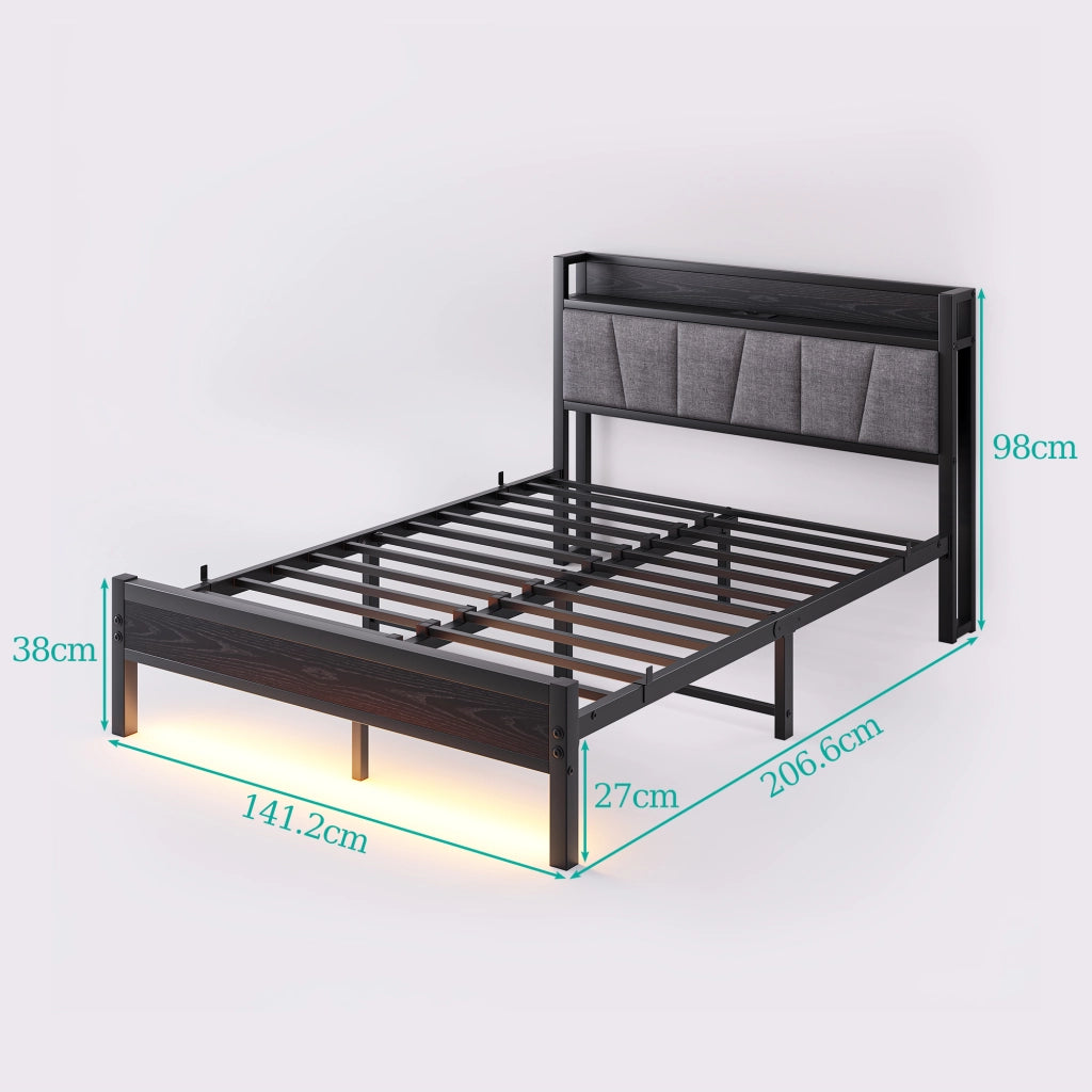 LETTO 140x190 cm con LED e stazione di ricarica USB Nero MDF e metallo