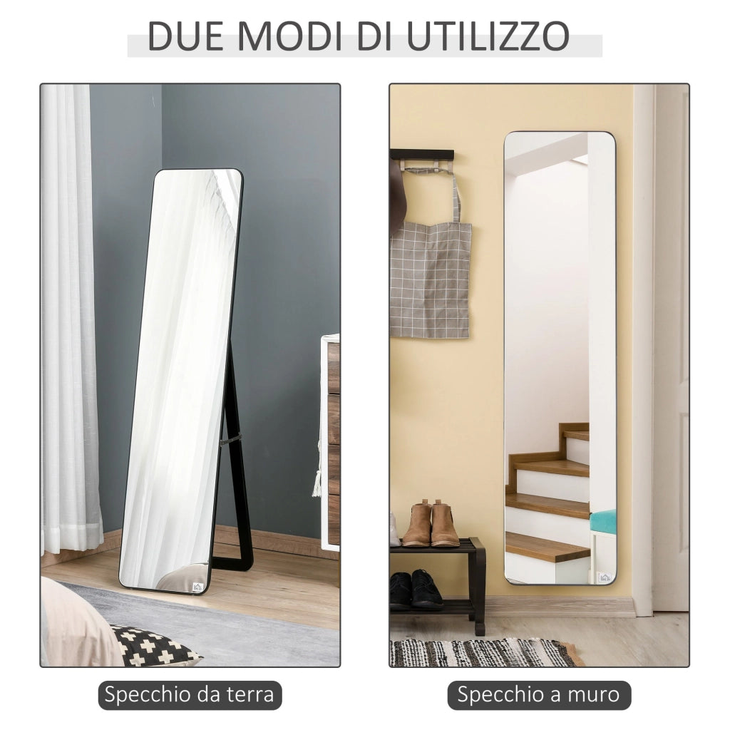 Specchio da Terra e da Parete 37x43x156 cm con Struttura in Legno e Supporto Pieghevole Nero