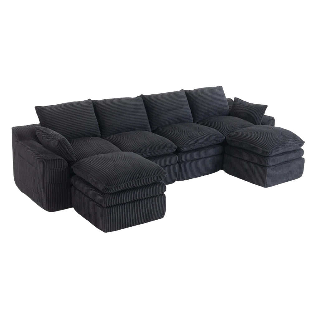 Divano modulare 4 posti in velluto con 2 pouf, cuscini e tasche laterali, schiuma a tre strati con molle, colore nero