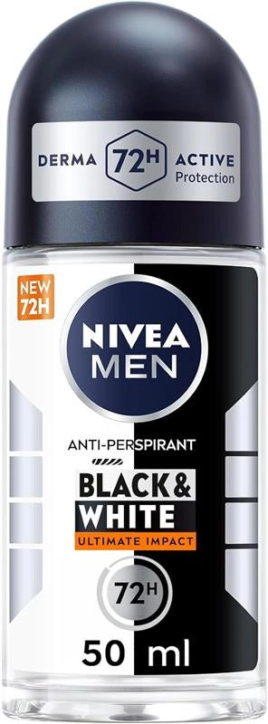 NIVEA MEN BLACK & WHITE INVISIBLE ROLL-ON 50 ML DEODORANTE UOMO 72H ANTITRASPIRANTE NO ODORI SUDORE IRRITAZIONI E MACCHIE