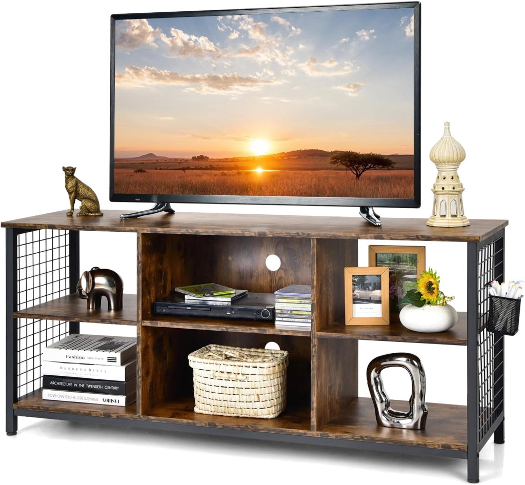COSTWAY Mobile TV Industriale Fino a 65", Tavolo Multimediale a 3 Ripiani con Cesto Portaoggetti, Mobile TV in Legno con 2 Fori per La Gestione dei Cavi, 140 x 40 x 63 cm