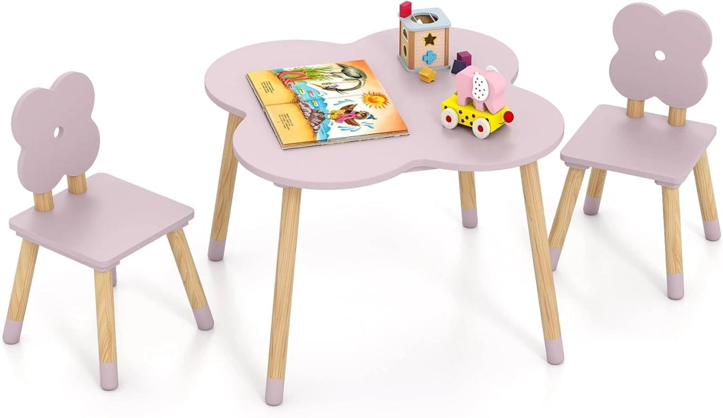 Set Tavolo per Bambini a Forma di Fiore, Tavolino e Sedia in Legno con 2 Sedie e Gambe in Legno di Pino Solido, Tavolino Bambini 3+ Anni per Disegno, Arte e Studio (Rosa)