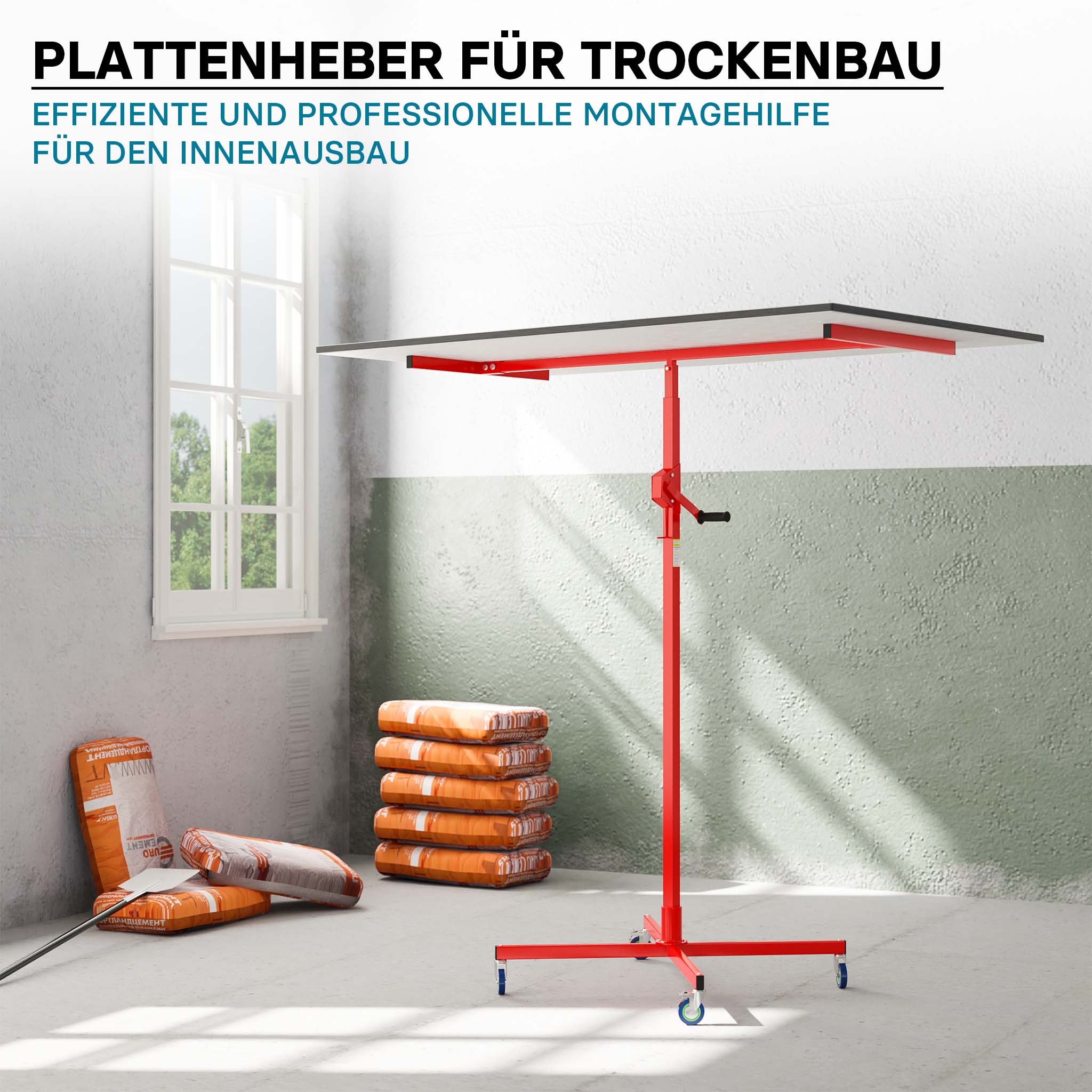 Sollevatore pannelli cartongesso max 50kg, altezza 190-330cm, Carrello Alzapannelli Alzalastre