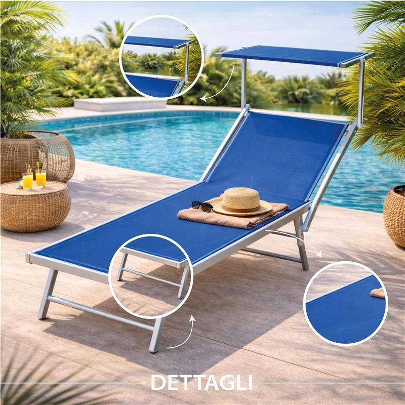LETTINO RIMINI PRENDISOLE IN ALLUMINIIO CON PARASOLE PIEGHEVOLE 61X183/189X38H CM , COLORE BLU